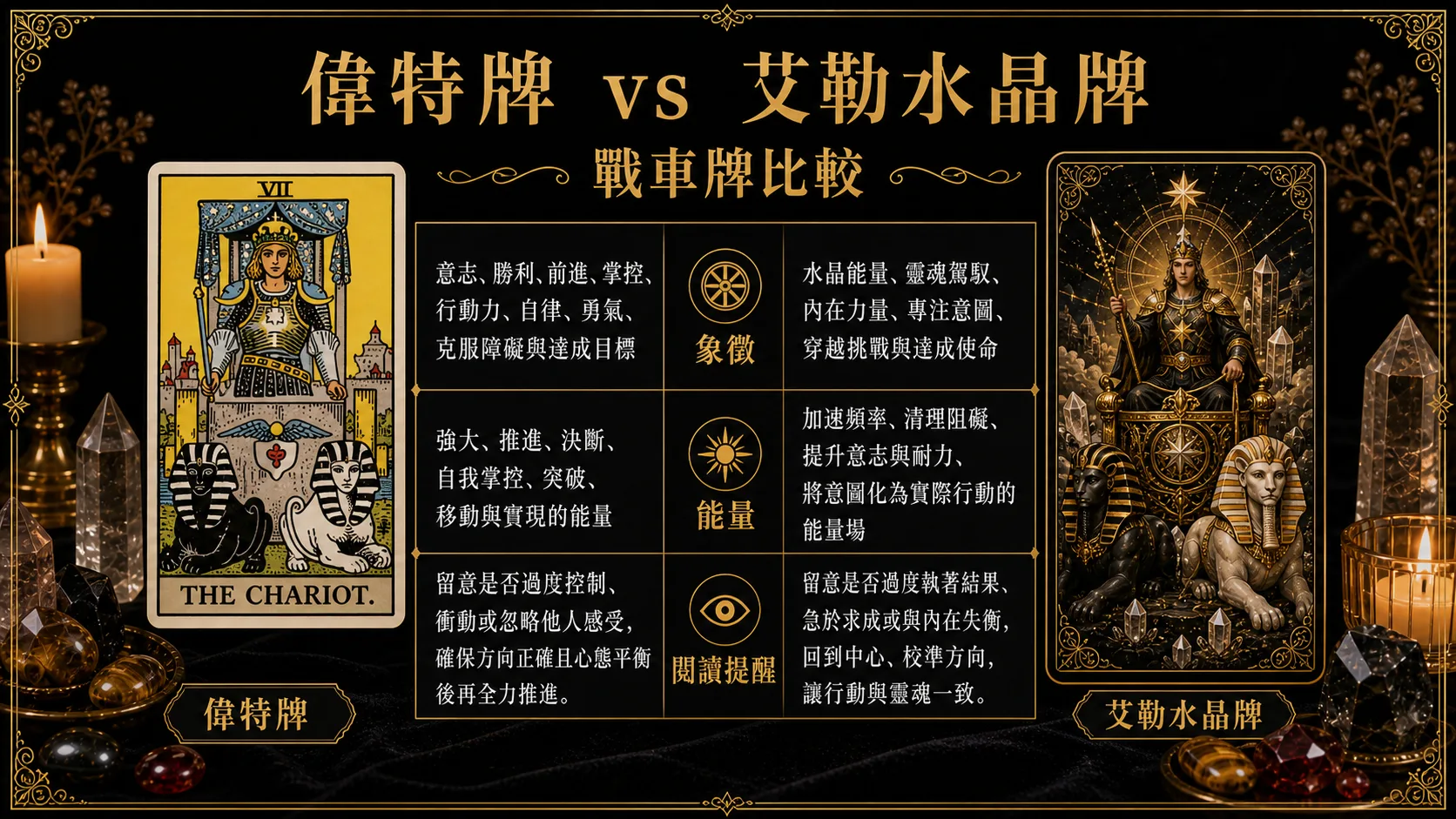 戰車偉特牌與艾勒水晶牌並列比較圖，說明象徵與能量差異