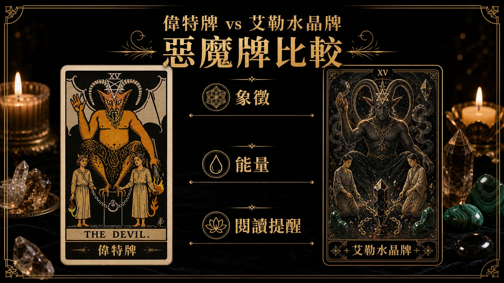 惡魔偉特牌與艾勒水晶牌並列比較圖，說明象徵與能量差異