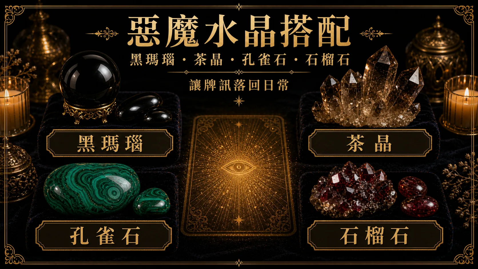 惡魔水晶搭配圖，包含黑瑪瑙、茶晶、孔雀石、石榴石的牌訊建議