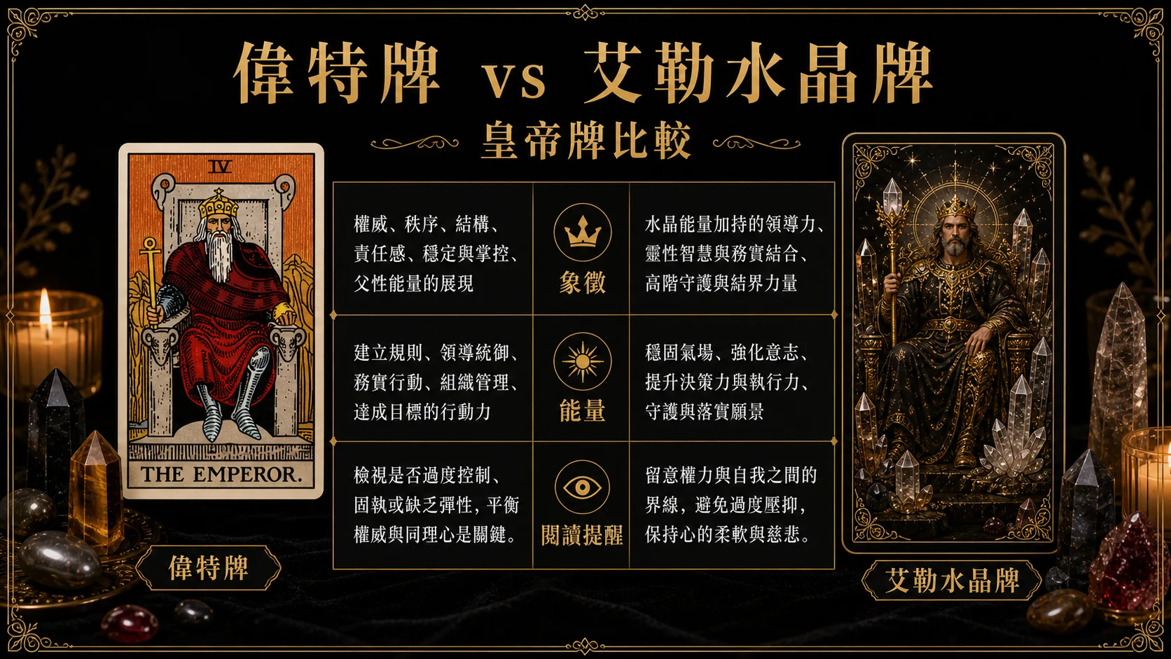 皇帝偉特牌與艾勒水晶牌並列比較圖，說明象徵與能量差異