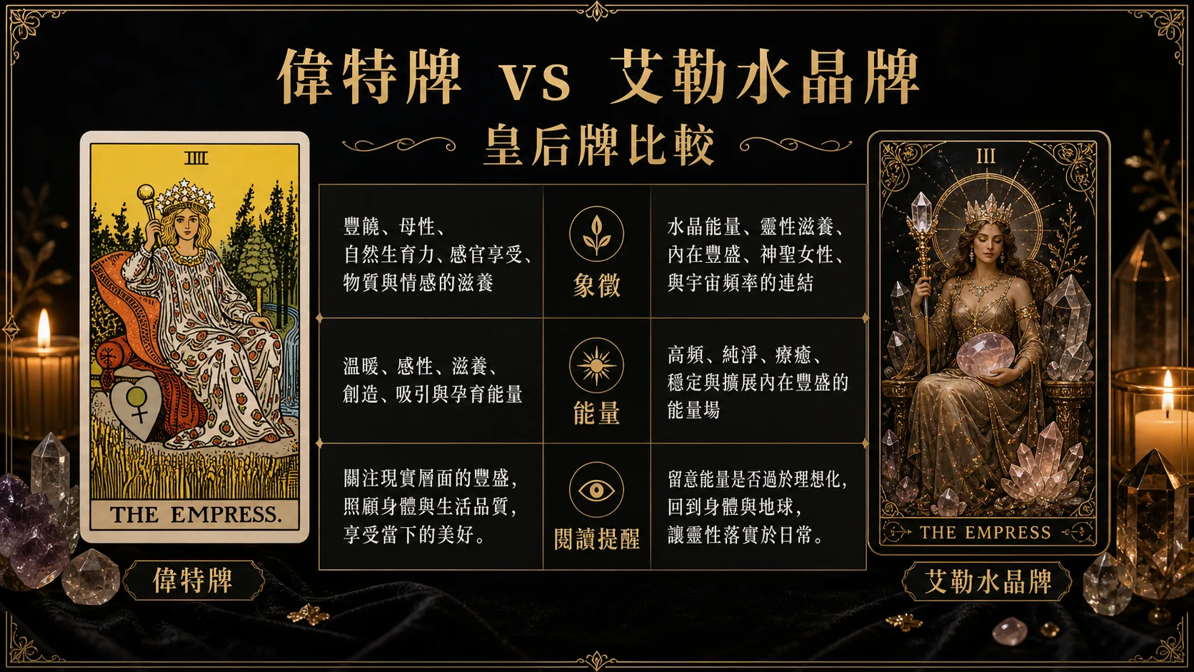 皇后偉特牌與艾勒水晶牌並列比較圖，說明象徵與能量差異