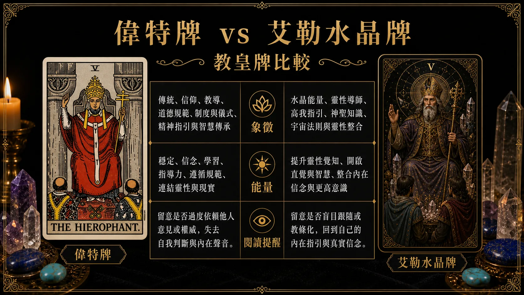 教皇偉特牌與艾勒水晶牌並列比較圖，說明象徵與能量差異