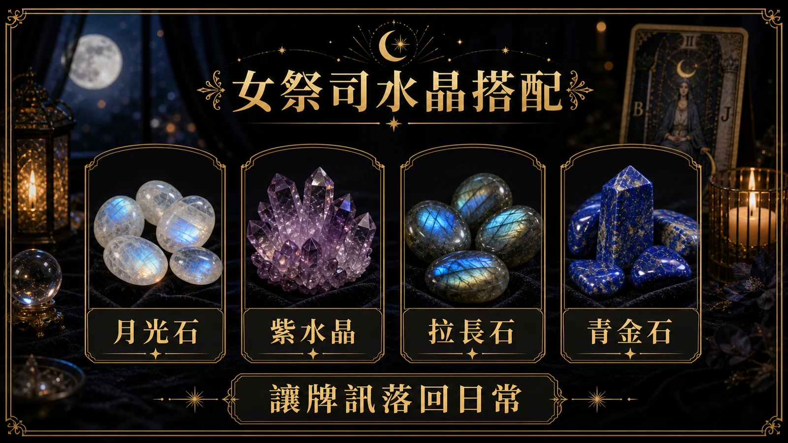 女祭司水晶搭配圖，包含月光石、紫水晶、拉長石、青金石的牌訊建議