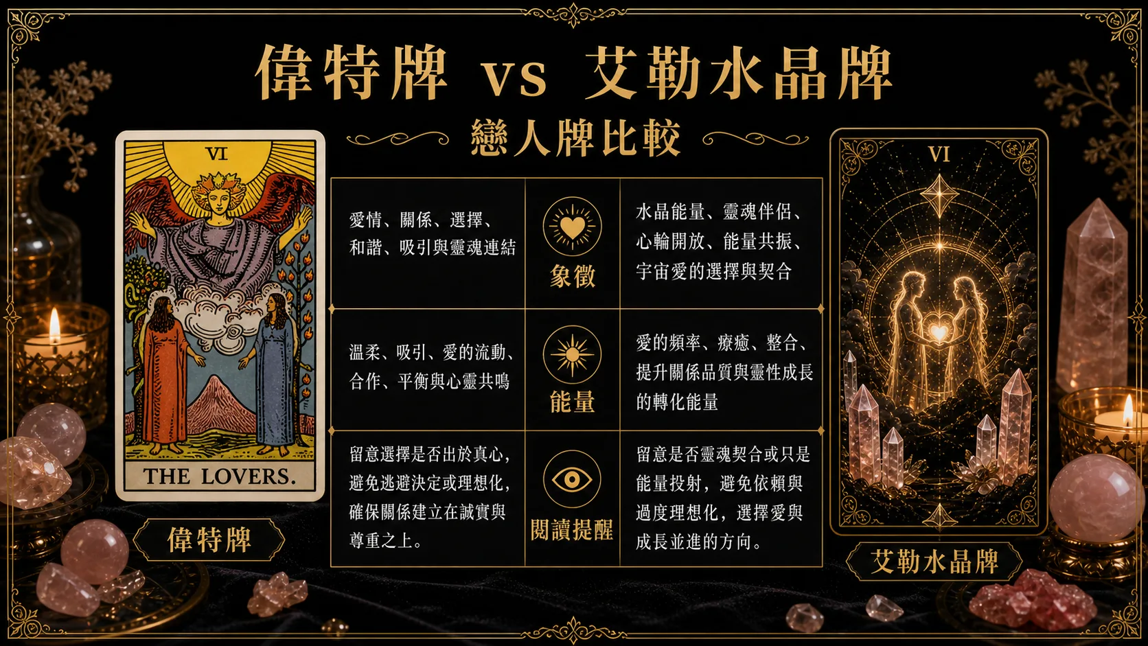 戀人偉特牌與艾勒水晶牌並列比較圖，說明象徵與能量差異