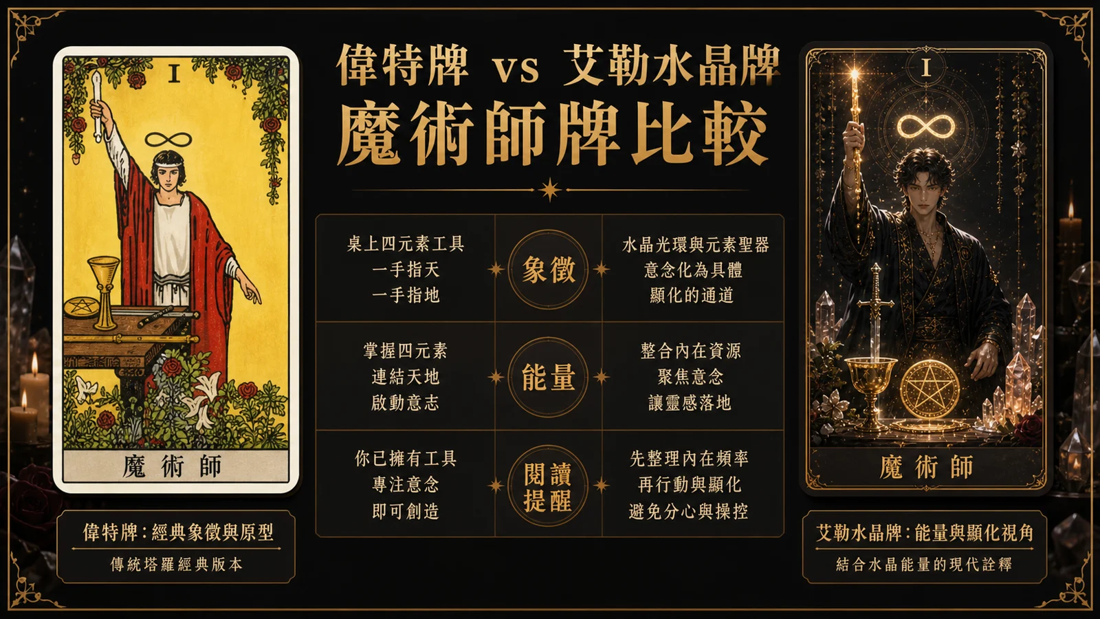 魔術師偉特牌與艾勒水晶牌並列比較圖，說明象徵與能量差異