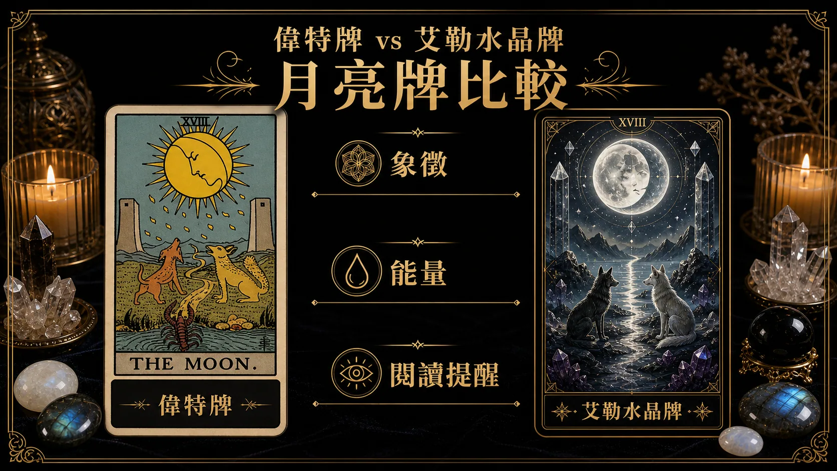 月亮偉特牌與艾勒水晶牌並列比較圖，說明象徵與能量差異