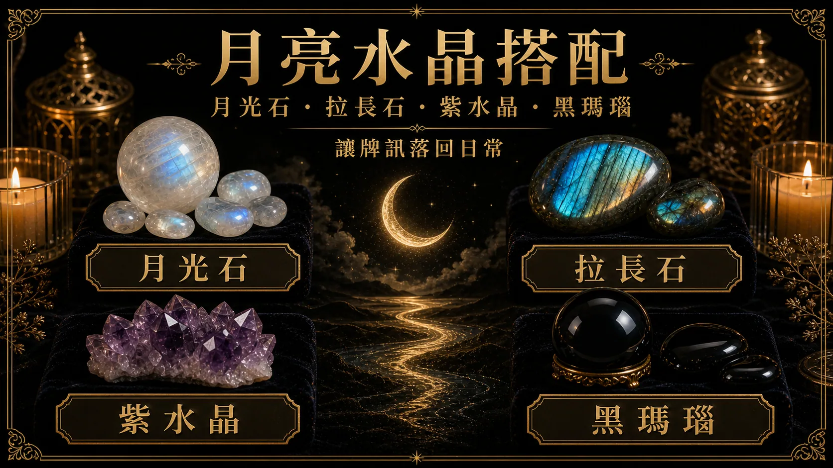 月亮水晶搭配圖，包含月光石、拉長石、紫水晶、黑瑪瑙的牌訊建議