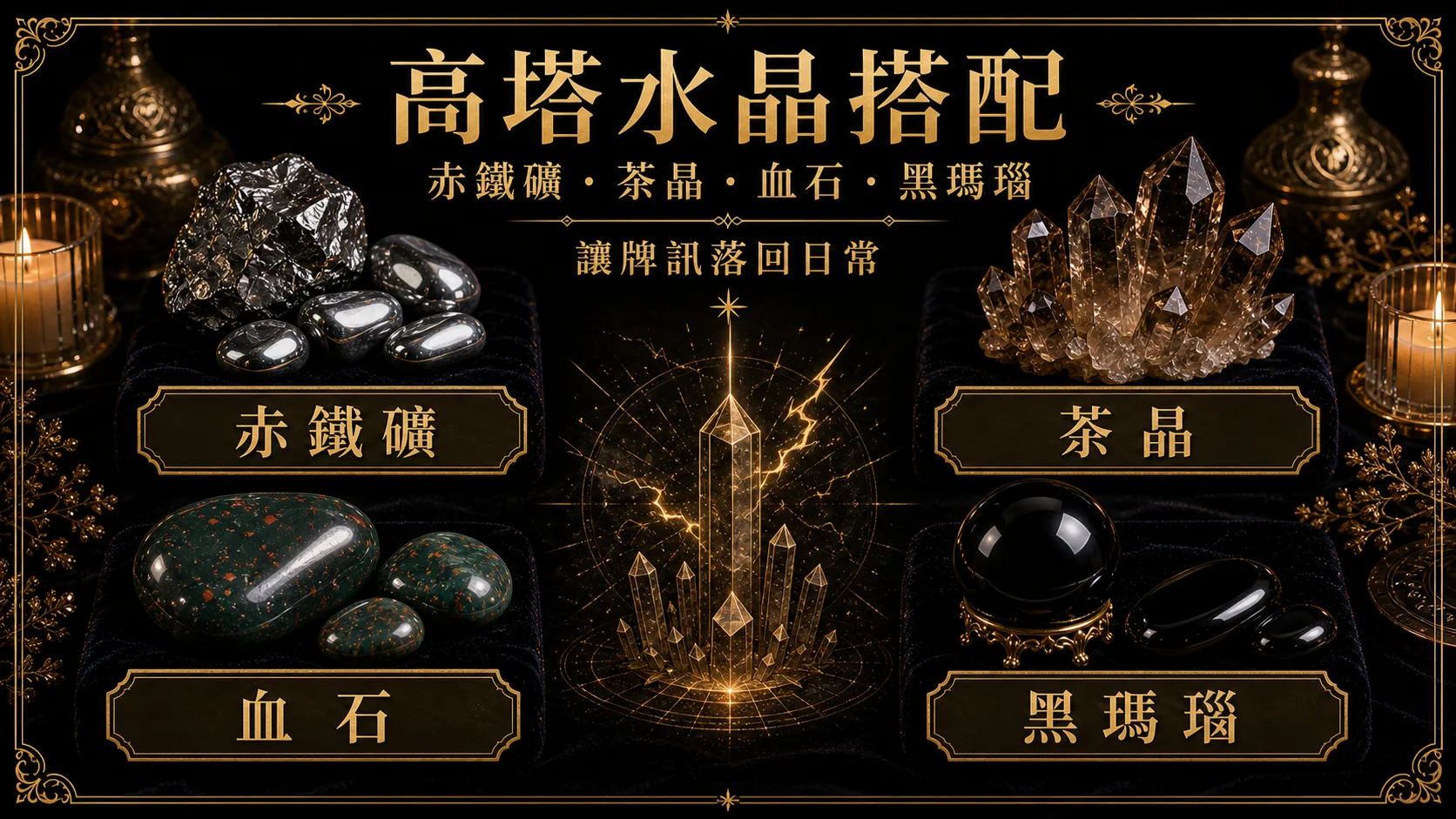 高塔水晶搭配圖，包含赤鐵礦、茶晶、血石、黑瑪瑙的牌訊建議