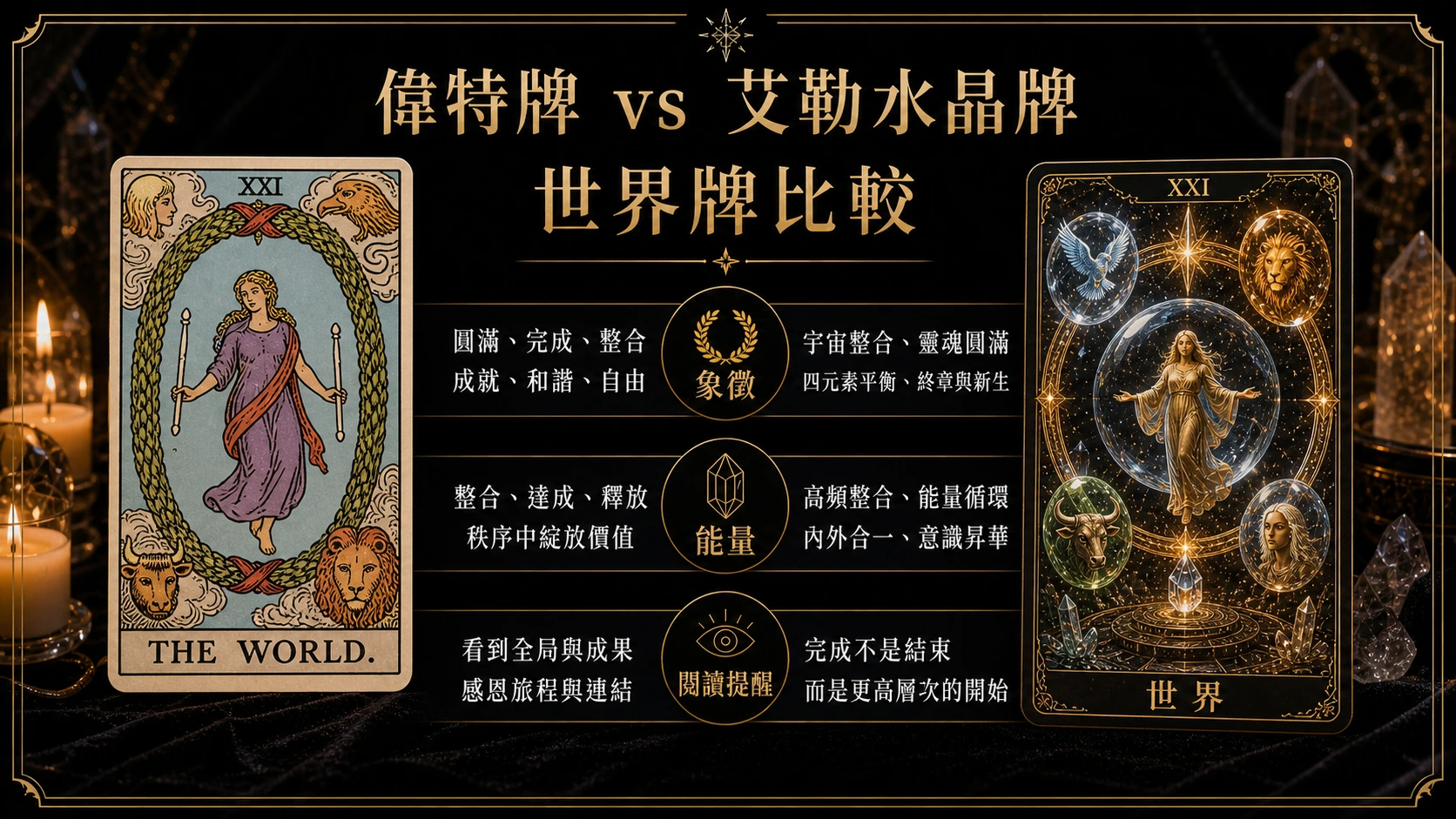 世界偉特牌與艾勒水晶牌並列比較圖，說明象徵與能量差異