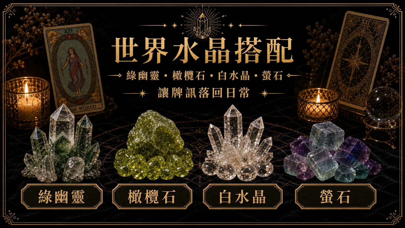 世界水晶搭配圖，包含綠幽靈、橄欖石、白水晶、螢石的牌訊建議