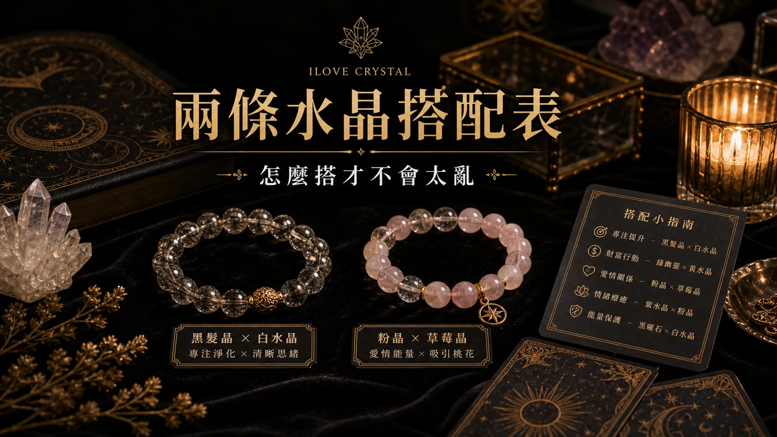 兩條水晶搭配表插圖，兩條水晶手鍊一起戴的整理表與日常提醒