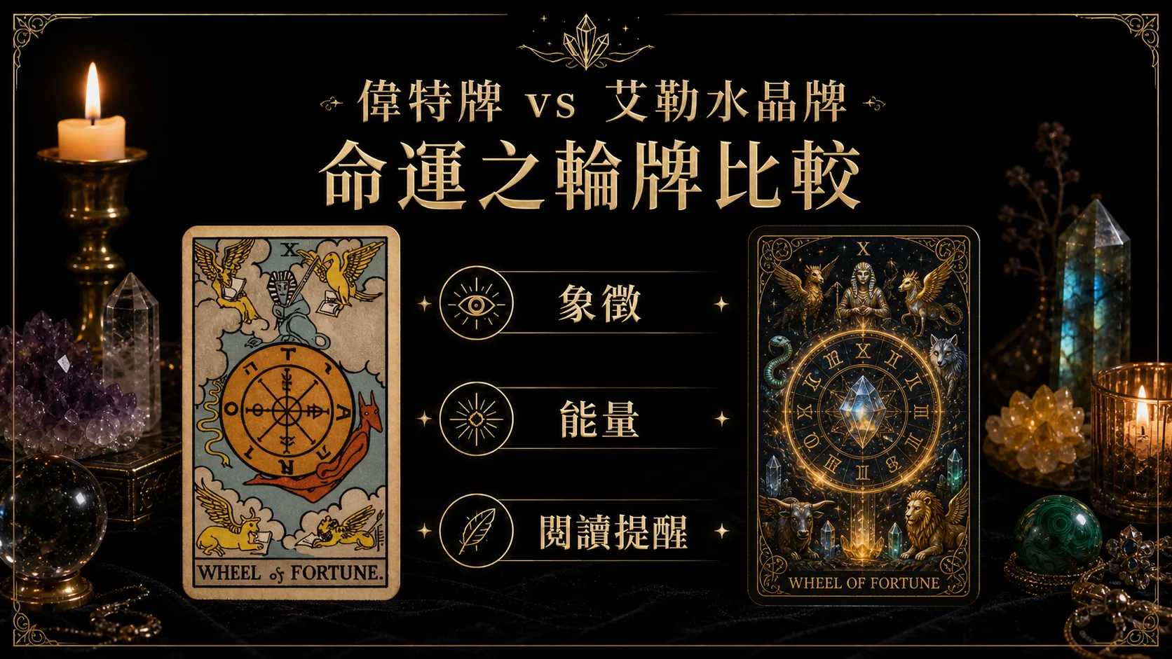 命運之輪偉特牌與艾勒水晶牌並列比較圖，說明象徵與能量差異