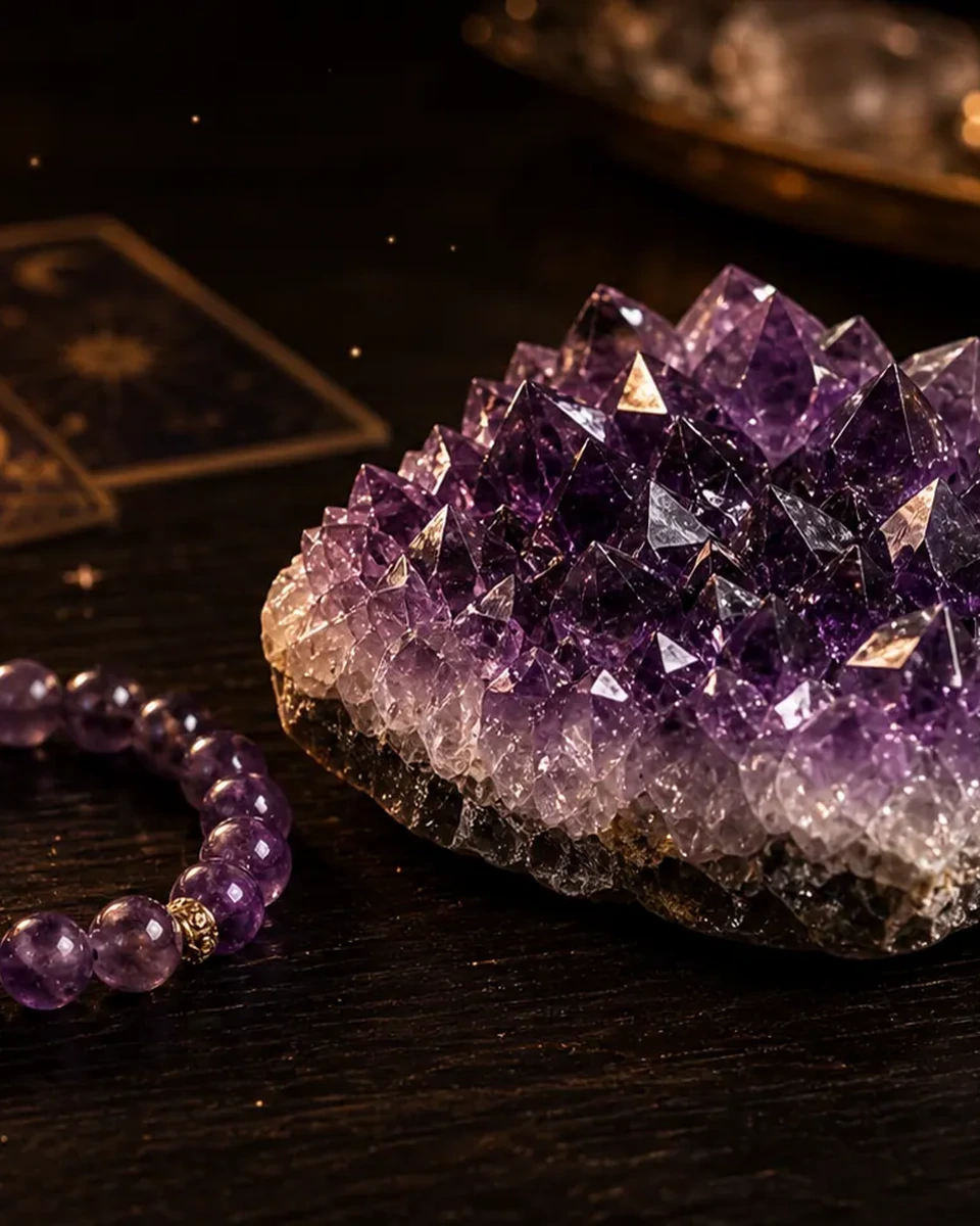 紫水晶、手鍊與燭光交織的水晶能量情境