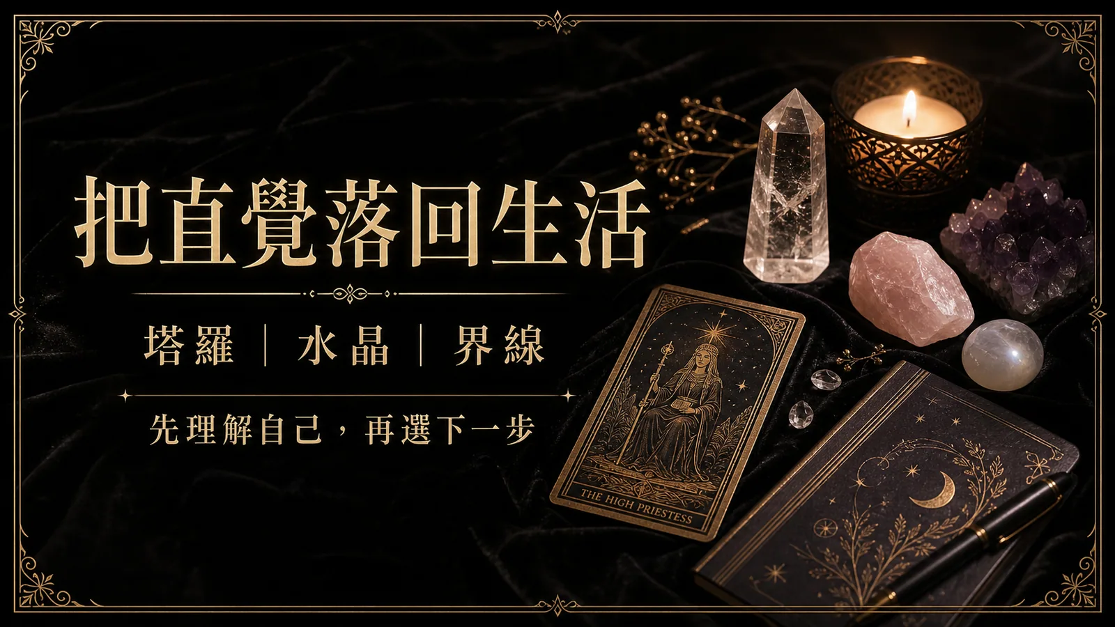 I 人格適合什麼水晶？INFJ、INFP、INTJ、INTP 的情緒整理與配戴提醒 的內文圖，深黑絲絨、燭光、塔羅牌與水晶構成的艾勒水晶心理塔羅視覺