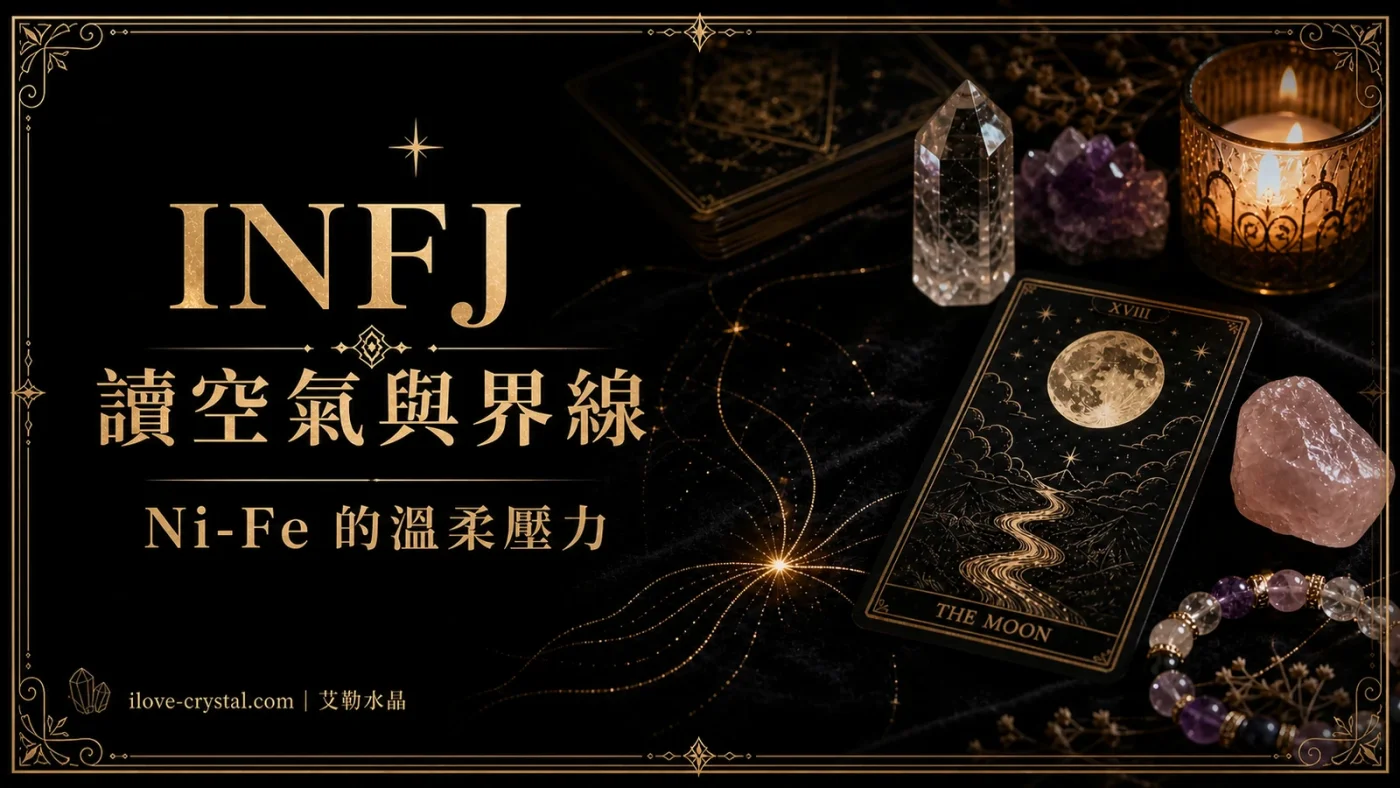 INFJ 讀空氣與界線文章封面,黑色絲絨桌面上有月亮塔羅牌、透明水晶柱、粉晶與燭光,金色字體呈現 Ni-Fe 的溫柔壓力。