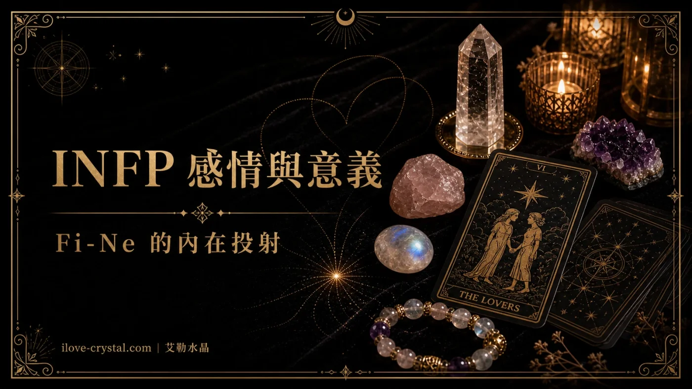 INFP 感情與意義文章封面,黑色絲絨桌面上有塔羅牌、粉晶、月光石、白水晶與燭光,金色文字呈現 Fi-Ne 的內在投射。