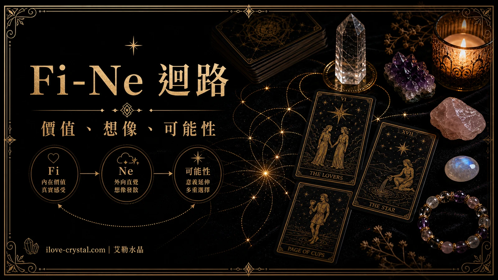 Fi-Ne 迴路內文圖，水晶與塔羅牌之間有金色線條，呈現 INFP 的價值、想像與可能性。
