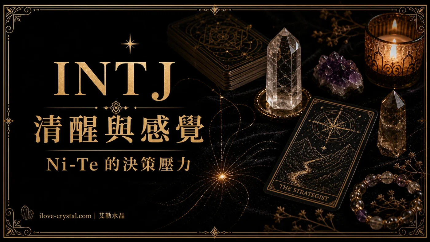 INTJ 清醒與感覺文章封面,黑色絲絨桌面上有塔羅牌、透明水晶柱、煙晶、紫晶與燭光,金色文字呈現 Ni-Te 的決策壓力。