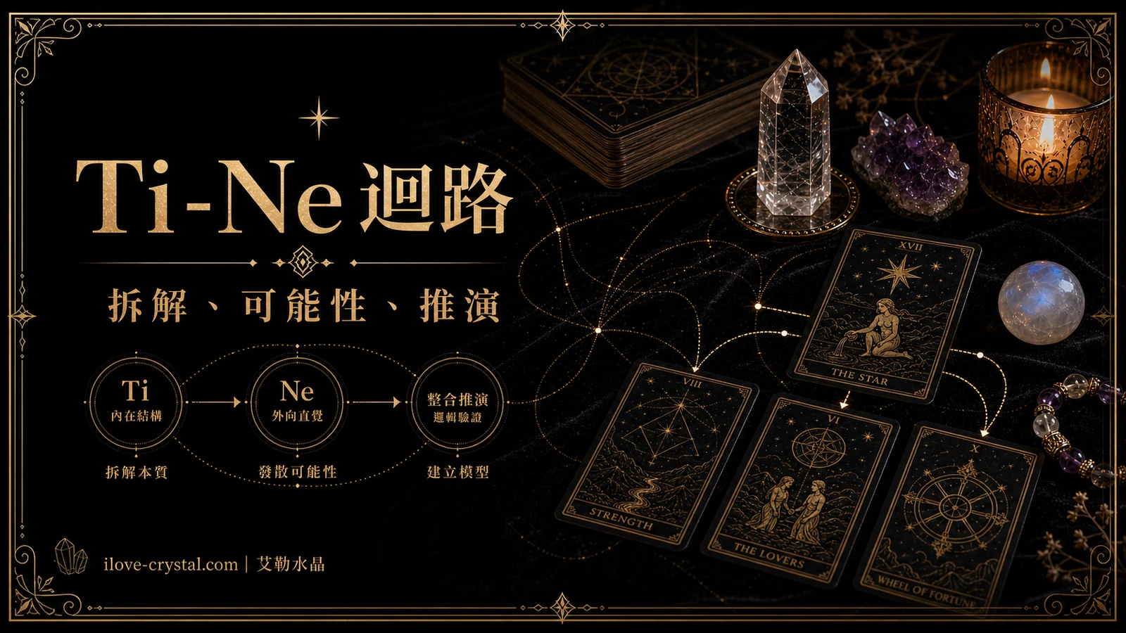 Ti-Ne 迴路內文圖，黑金塔羅與水晶場景中有金色推演線，呈現 INTP 的拆解、可能性與推演。