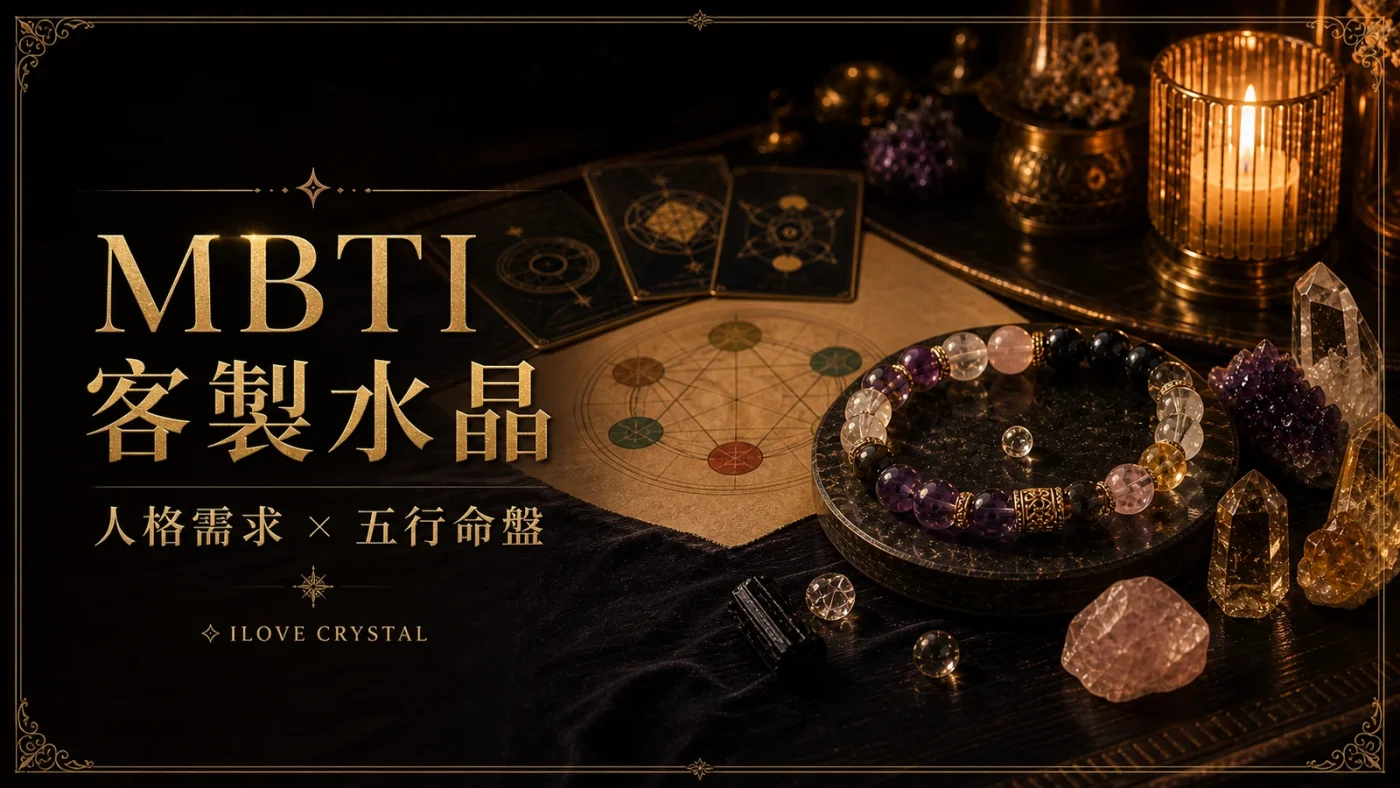 MBTI 客製水晶文章精選圖片,深色高級水晶諮詢桌面上有客製水晶手鍊、五行命盤圖與標題人格需求五行命盤。