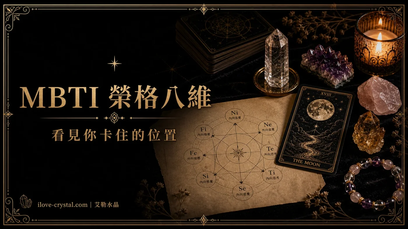 MBTI 榮格八維文章封面,黑色絲絨桌面上有八維觀察地圖、塔羅牌、透明水晶、粉晶、紫晶與燭光,金色字體呈現看見卡住的位置。